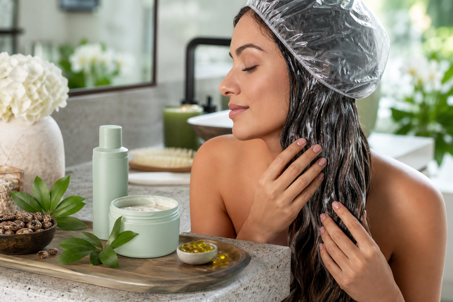 Mulher aplicando máscara capilar no chuveiro, com produtos de tratamento para cabelo ao lado